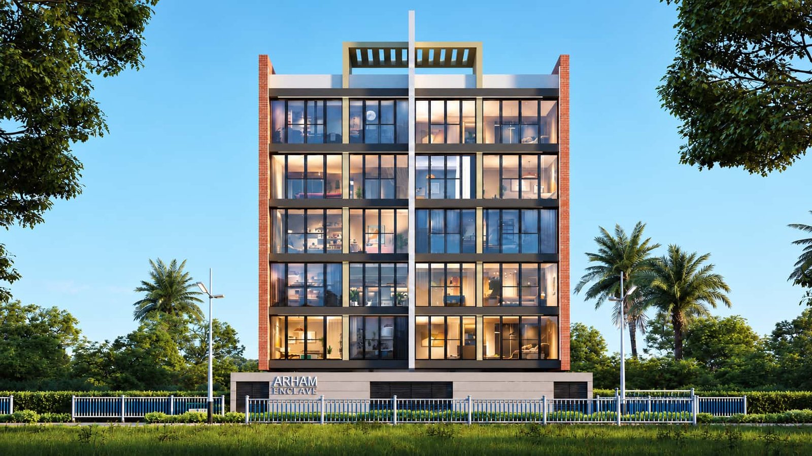 Front elevation of Arham Enclave, a G+5 residential building in Hazaribagh with exposed brick piers and full-height glazing