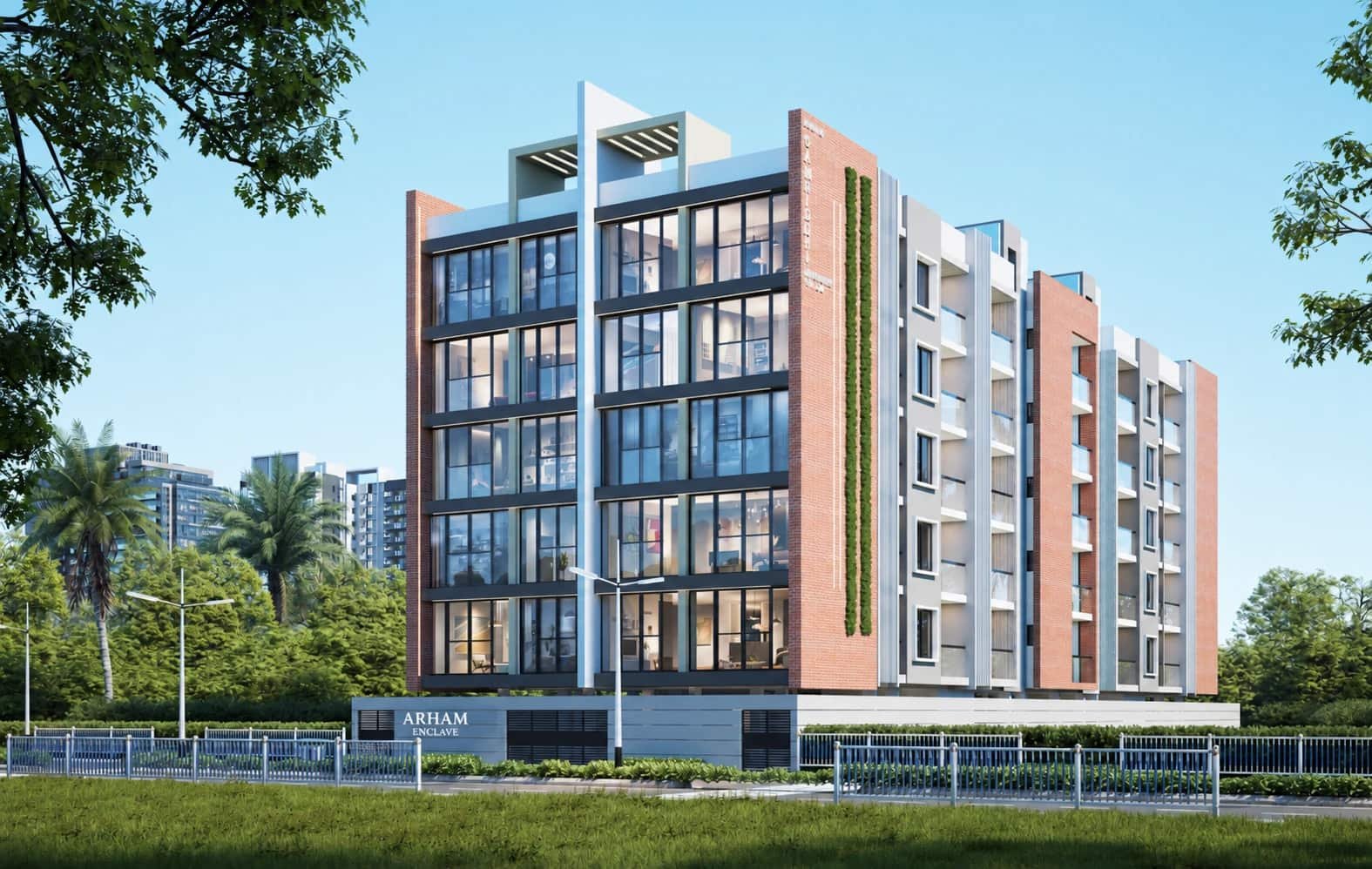 Daytime exterior render of Arham Enclave, a G+5 residential building in Hazaribagh with a red brick and glass facade