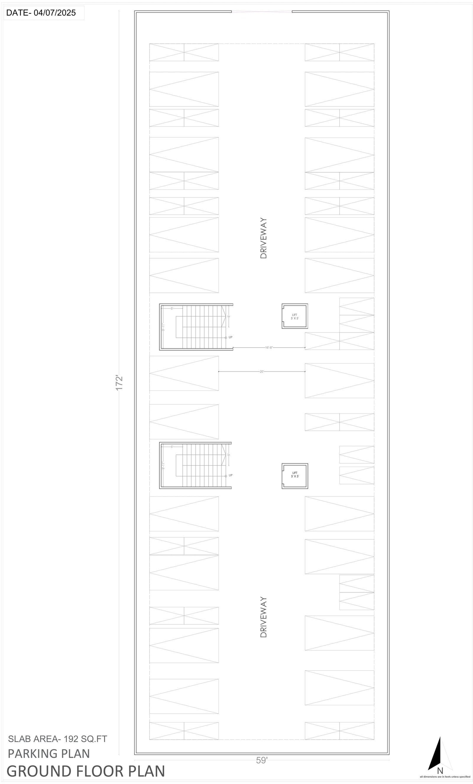 Arham Enclave ground floor parking plan with driveway, staircases and lift cores on a 59 ft by 172 ft plot