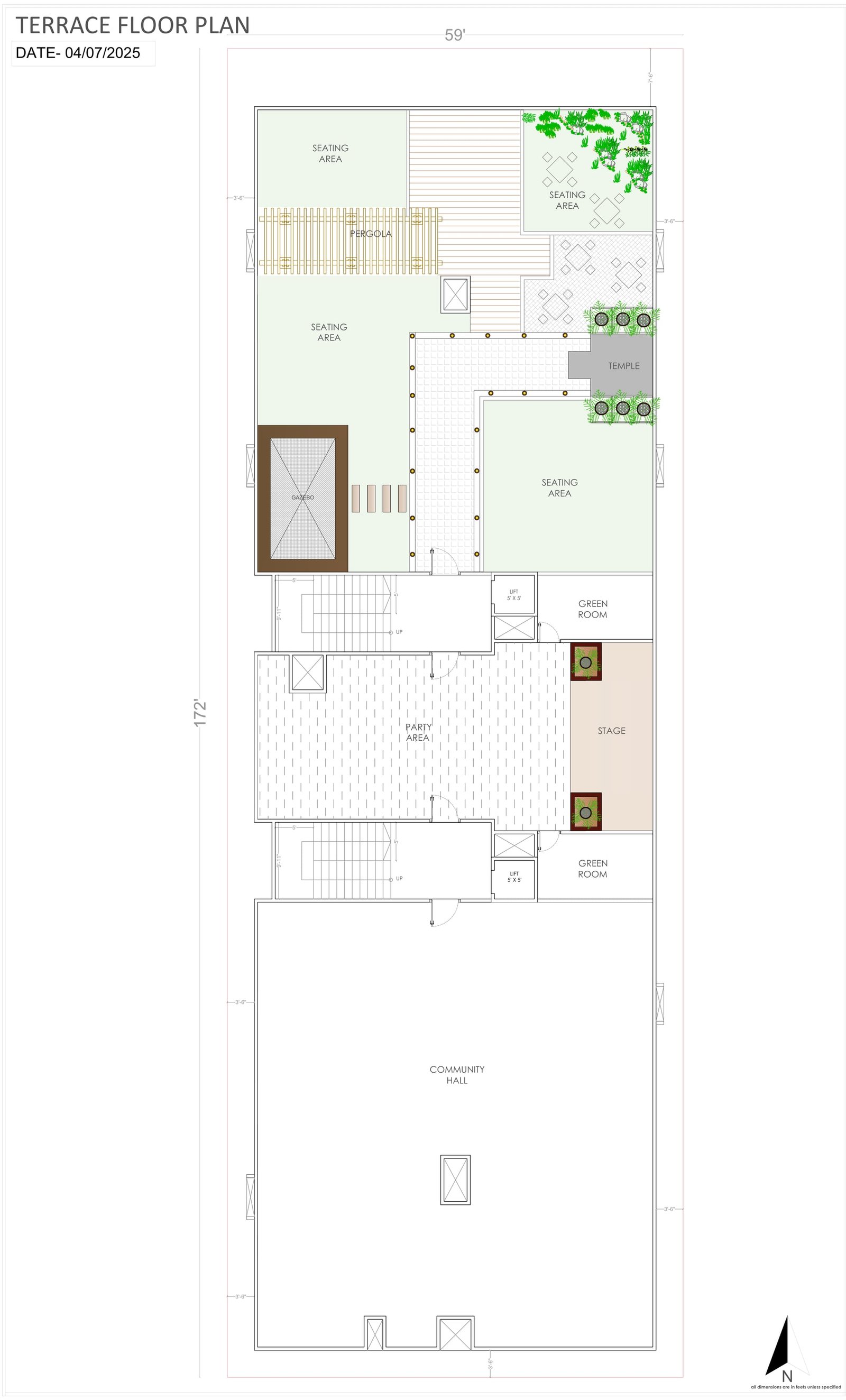 Arham Enclave terrace plan with community hall, party area, stage, gazebo, pergola, temple and seating areas