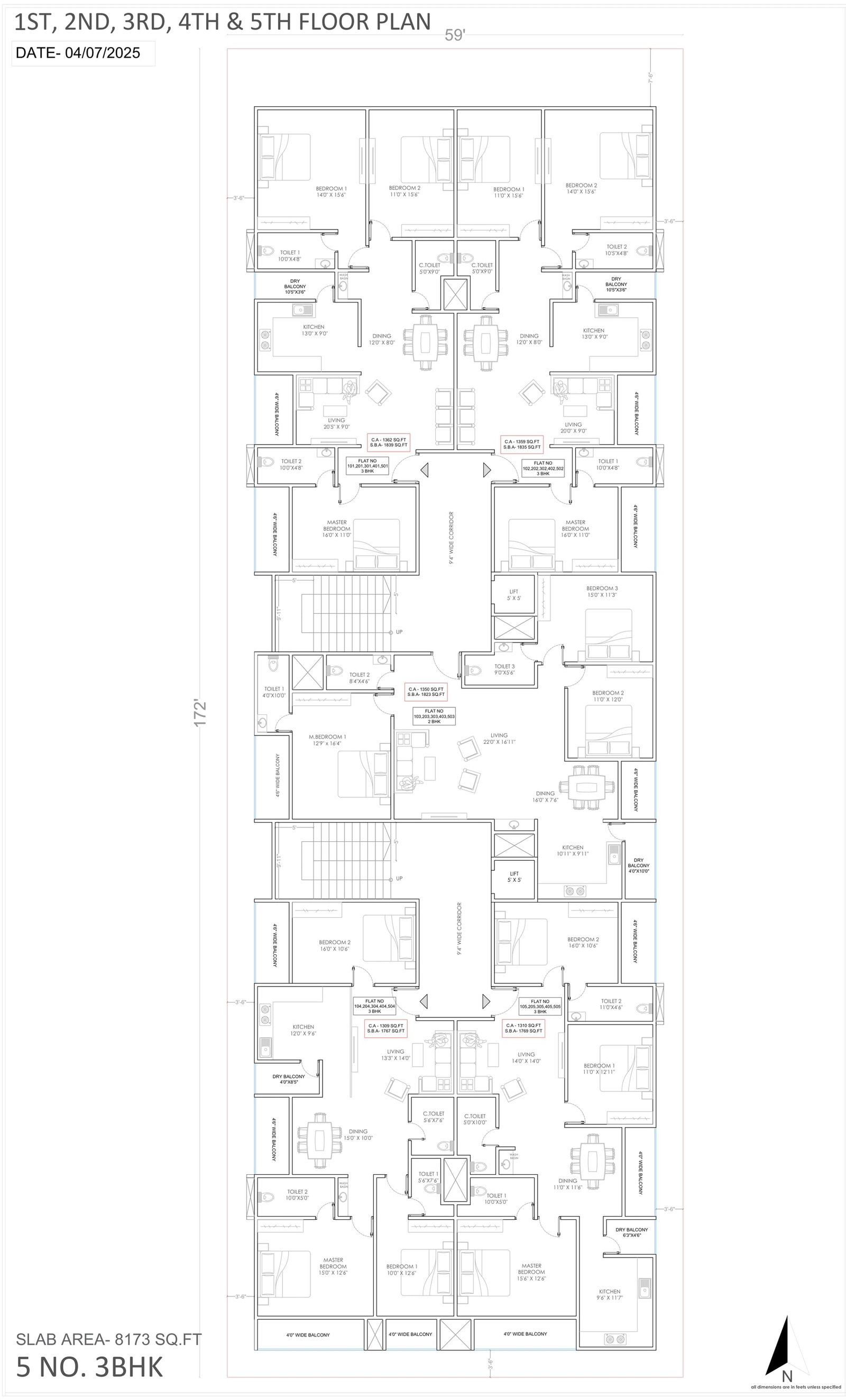 Arham Enclave typical floor plan for the 1st to 5th floors showing five flats around a central corridor and two lifts
