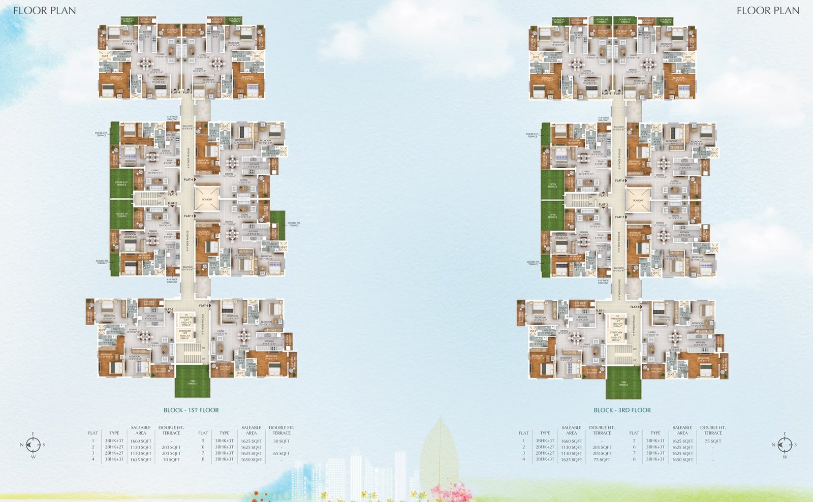 Typical block floor plates for the 1st and 3rd floors of Lal Chand Eco Heights with eight flats per floor