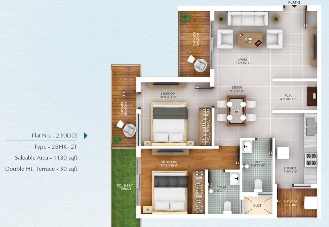 Lal Chand Eco Heights 2 BHK floor plan, flat 2 on odd floors, 1,130 sq ft saleable with double-height terrace