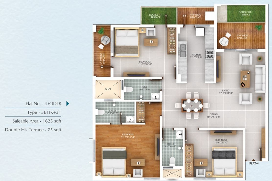 Lal Chand Eco Heights 3 BHK floor plan, flat 4 on odd floors, 1,625 sq ft saleable with 75 sq ft double-height terrace