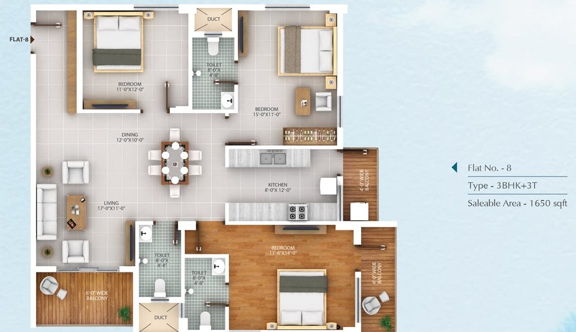 Lal Chand Eco Heights 3 BHK floor plan, flat 8, 1,650 sq ft saleable area