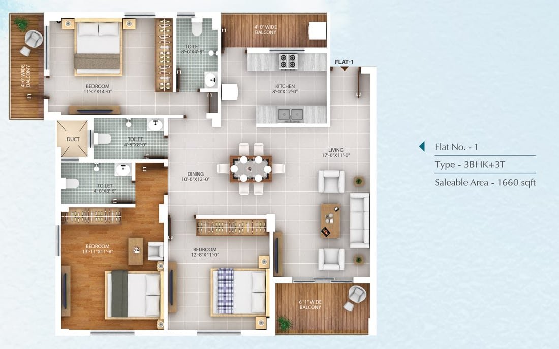 Lal Chand Eco Heights 3 BHK floor plan, flat 1, 1,660 sq ft saleable area with three toilets