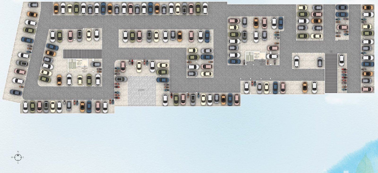 Basement car parking plan of Lal Chand Eco Heights with ramps, lift cores and parking bays
