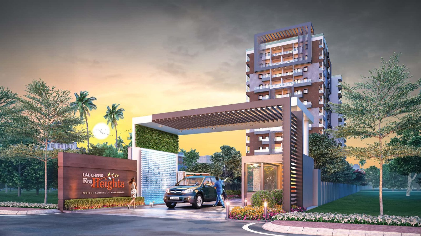 Lal Chand Eco Heights in Hazaribagh: gated entrance with signboard, water wall and pergola in front of the residential tower at sunset