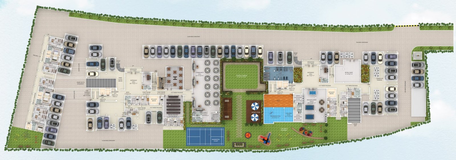 Ground floor site plan of Lal Chand Eco Heights showing driveways, central garden, pools, club rooms and parking