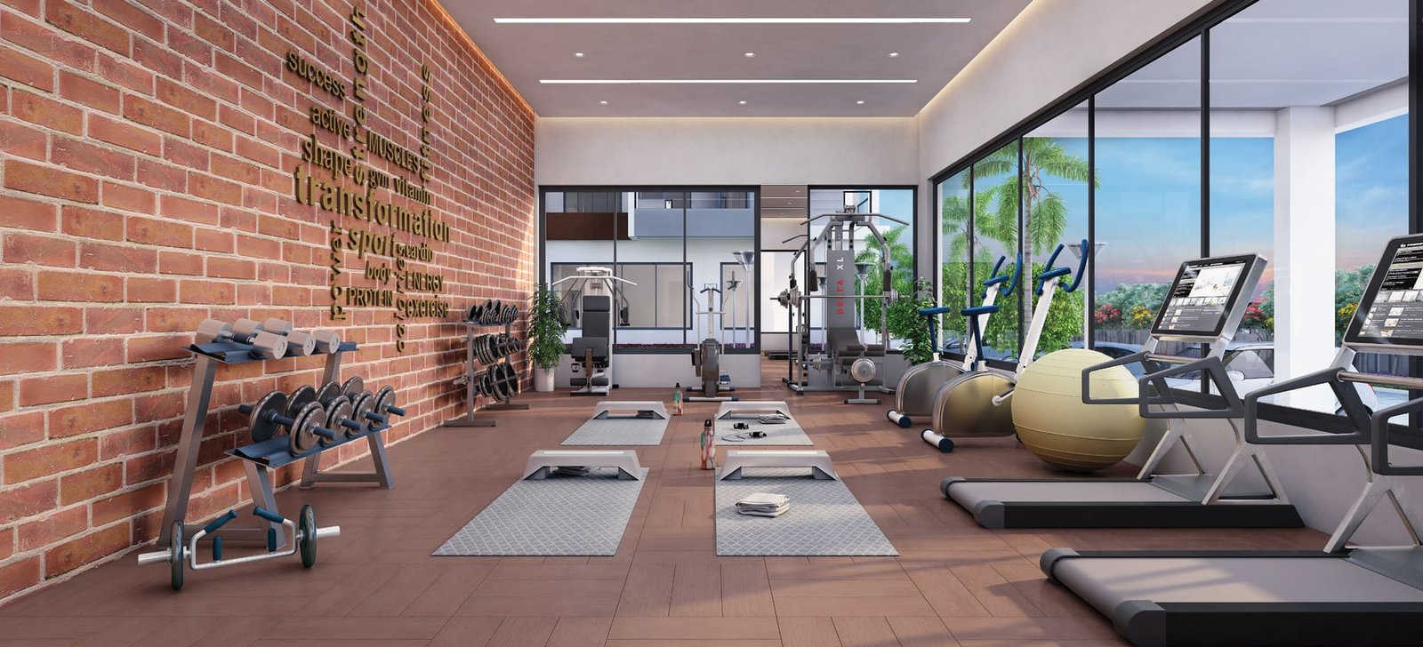 Residents' gymnasium with treadmills, cross-trainers and free weights at Lal Chand Eco Heights