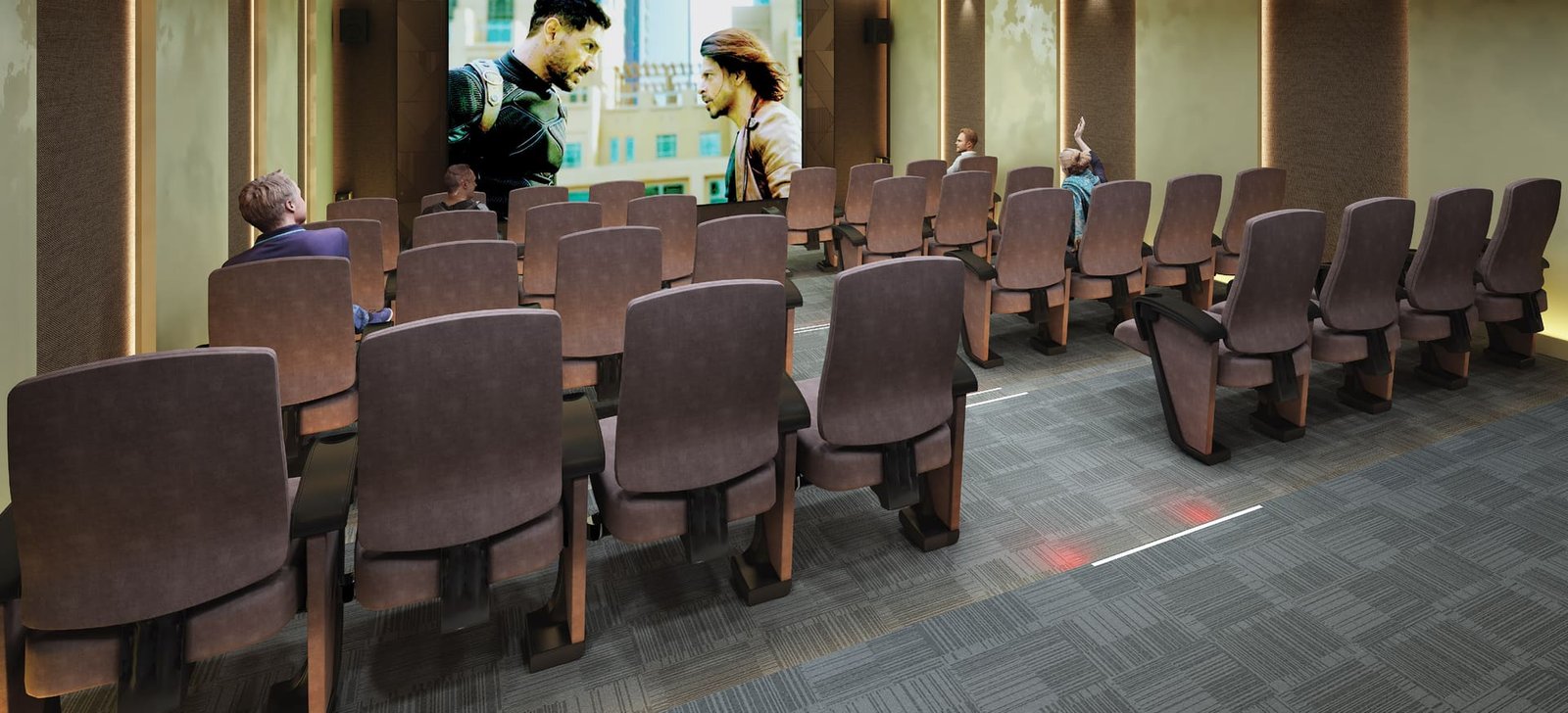 Tiered seating in the residents' theatre room at Lal Chand Eco Heights