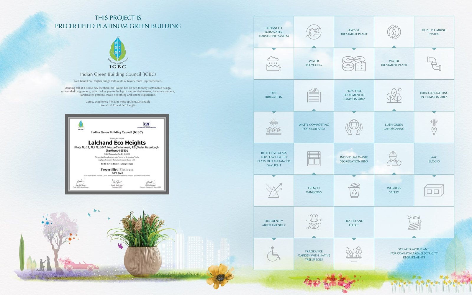 Brochure page showing the IGBC Pre-certified Platinum certificate for Lal Chand Eco Heights and its green building features
