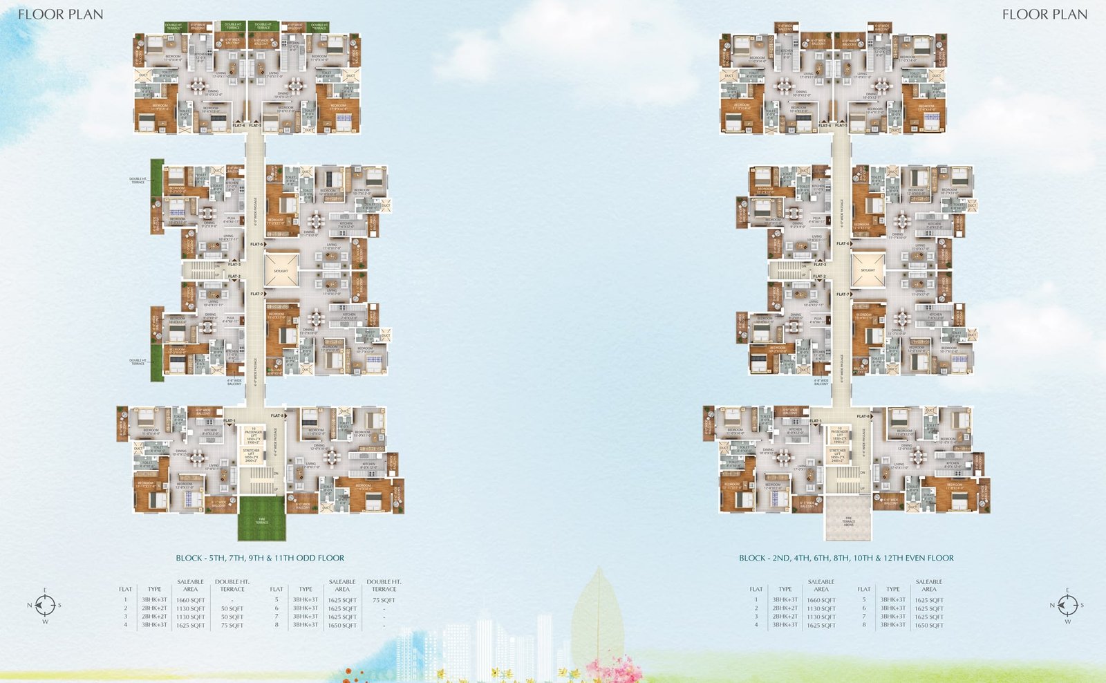 Block floor plates for the odd floors (5th to 11th) and even floors (2nd to 12th) of Lal Chand Eco Heights