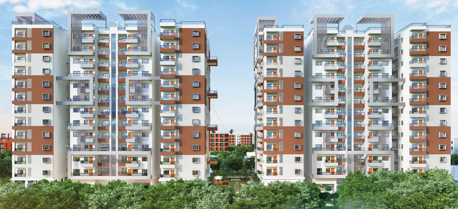 Side elevation of the Lal Chand Eco Heights residential towers rising above a green tree line