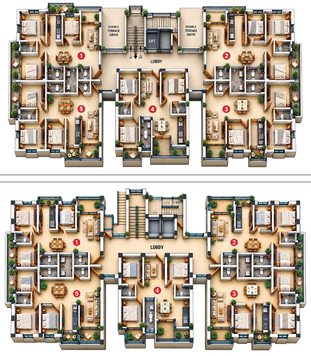 Siddhi Vinayak Enclave floor plans showing five apartments per floor around a central lobby and lift